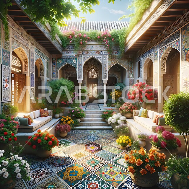 أرضية مزخرفة برسوم المانديلا الهندسية، مفهوم الهدوء والاسترخاء، فناء بيت تراثي عريق بتفاصيل الزخرفة الجبسيه، باحة منزل بطراز تقليدي قديم، الاهتمام بزراعة ورعاية الأزهار والنباتات الخضراء
