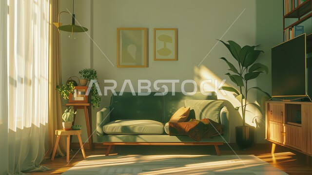 أريكة مريحة باللون الأخضر وسط غرفة جلوس، نبات الزينة المنزلي، اكسسوارات وتحف وأثاث راقي، ديكورات داخلية و تصاميم أنيقة ومميزة، غرف حديثة مضاءة بأشعة الشمس