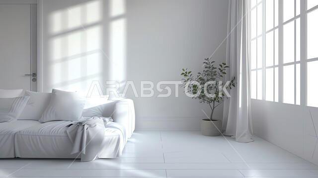 A modern living room with a white sofa, elegant and comfortable home furniture, windows and glass facades, living rooms with luxurious modern interior designs and decorations, interest in ornamental home plants.