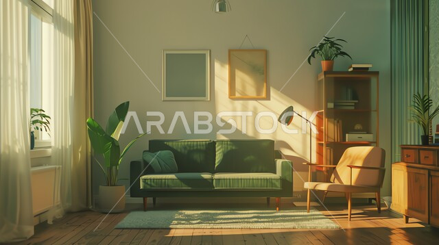 اكسسوارات وتحف وأثاث راقي، ديكورات داخلية و تصاميم أنيقة ومميزة، نبات الزينة المنزلي، أريكة مريحة باللون الأخضر وسط غرفة جلوس، غرف حديثة مضاءة بأشعة الشمس