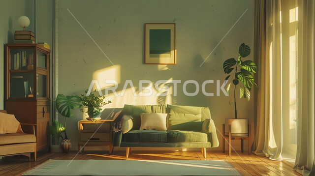 غرف حديثة مضاءة بأشعة الشمس، اكسسوارات وتحف وأثاث راقي، ديكورات داخلية و تصاميم أنيقة ومميزة، نبات الزينة المنزلي، أريكة مريحة باللون الأخضر وسط غرفة جلوس