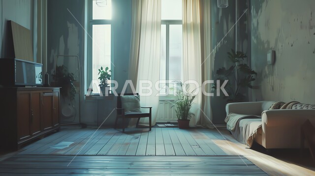 نوافذ زجاجيه تتخللها اشعة الشمس في النهار، غرفة جلوس باثاث منزلي قديم، تصميم داخلي بديكورات جداريه معتقه، اريكه باللون البيج في غرفة معيشه عتيقه