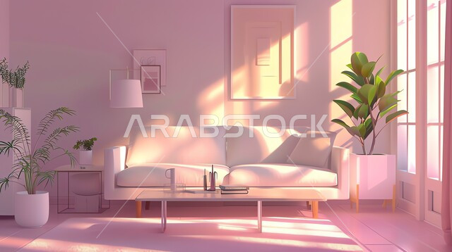 الاهتمام بنبات الزينة المنزلي، تحف واكسسوارات وأثاث منزلي راقي، غرف معيشه بتصاميم وديكورات داخلية حديثه فاخرة، غرفة جلوس عصرية مع أريكة بيضاء