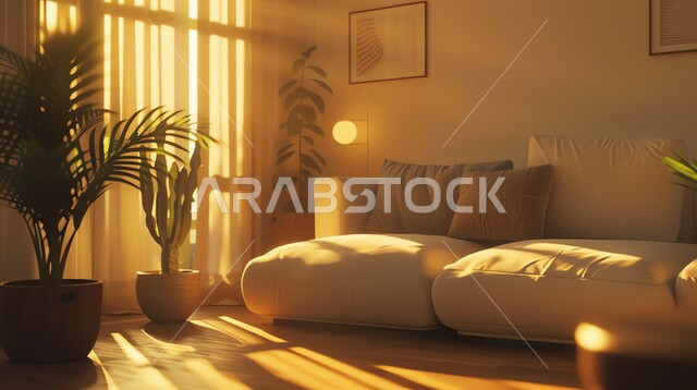 أريكة باللون البيج في غرفة معيشة، غرفة عصرية حديثة مضيئة بأشعة الشمس المنعكسة على الجدران، أثاث منزلي فاخر، نبات الزينة المنزلي، ديكورات داخلية و تصاميم أنيقة ومميزة