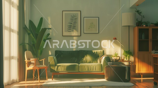 Elegant and distinctive interior decorations and designs, ornamental house plants, a comfortable green sofa in the middle of a living room, accessories, antiques and fine furniture, modern rooms illuminated by sunlight.