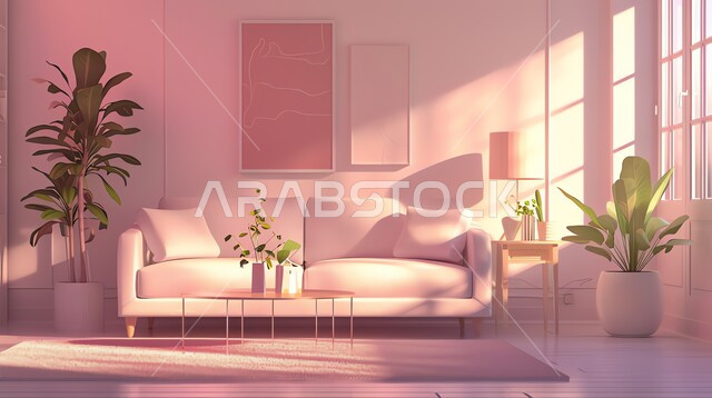 غرف معيشه بتصاميم وديكورات داخلية حديثه فاخرة، غرفة جلوس عصرية مع أريكة بيضاء، تحف واكسسوارات وأثاث منزلي راقي، الاهتمام بنبات الزينة المنزلي