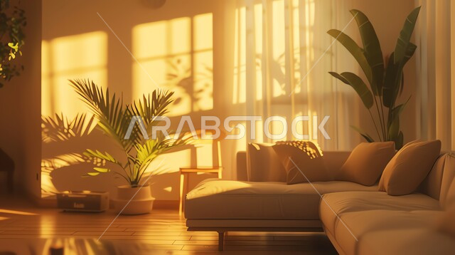 A modern contemporary room illuminated by sunlight reflecting on the walls, a beige sofa in a living room, luxury home furniture, a home ornamental plant, elegant and distinctive interior decorations and designs.