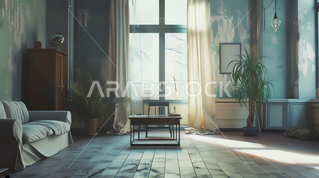 Interior design with vintage wall decor, beige sofa in an antique living room, background of glass windows with sunlight filtering through during the day, living room with old home furniture