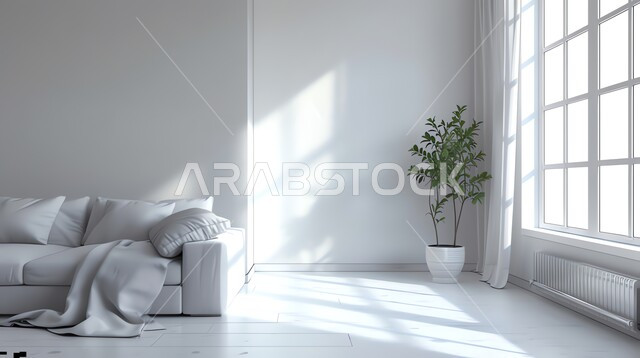 نوافذ وواجهات زجاجية، غرف معيشه بتصاميم وديكورات داخلية حديثه فاخرة، أثاث منزلي راقي ومريح، الاهتمام بنبات الزينة المنزلي، غرفة جلوس عصرية مع أريكة بيضاء