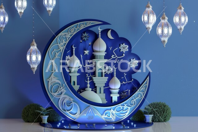 مجسم ثلاثي الأبعاد لمسجد وهلال شهر رمضان، تحف واكسسوارات رمضانية، الاحتفال بقدوم الشهر المبارك، فوانيس فضية معلقة، خلفية زرقاء