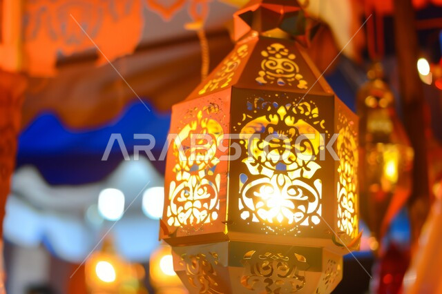 فانوس أصفر معدني معلق، مصباح عربي تقليدي، إضاءة وزينة رمضان، تحف واكسسوارات رمضانية، الإحتفال بقدوم شهر الخير،اجواء اسلامية دينية