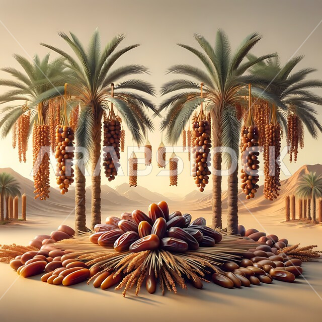ضيافة رمضانية تقليدية، موسم حصاد الثمار والمحاصيل الزراعية المحلية الوطنية، وجبة ذات قيمة غذائية عالية، حبات التمر الصحي الشقراء اللون، أنواع التمور الفاخرة في السعودية، تمر دقلة نور, خلفية أشجار النخيل في إحدى الأراضي في المملكة