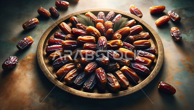 طبق من حبات التمر الصحي سوداء وشقراء اللون، ضيافة رمضانية تقليدية، أنواع التمور الفاخرة في المملكة العربية السعودية، تمر دقلة نور, ثمار ومحاصيل زراعية محلية وطنية، وجبة ذات قيمة غذائية عالية