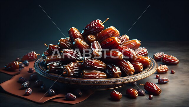 فخر الانتاج المحلي, رطب من نخيل المملكة العربية السعودية، محاصيل ومنتجات زراعية وطنية سعودية، صورة مقربة لطبق مليء بالتمر السكري الصحي الطازج, وجبة ذات قيمة غذائية عالية، ضيافة رمضانية لذيذة