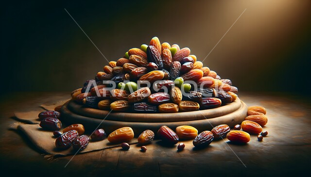 Pride of local production, dates from the palm trees of the Kingdom of Saudi Arabia, Saudi national agricultural crops and products, a close-up of a plate full of healthy, fresh sugary dates, a meal with high nutritional value, delicious Ramadan hospitality.