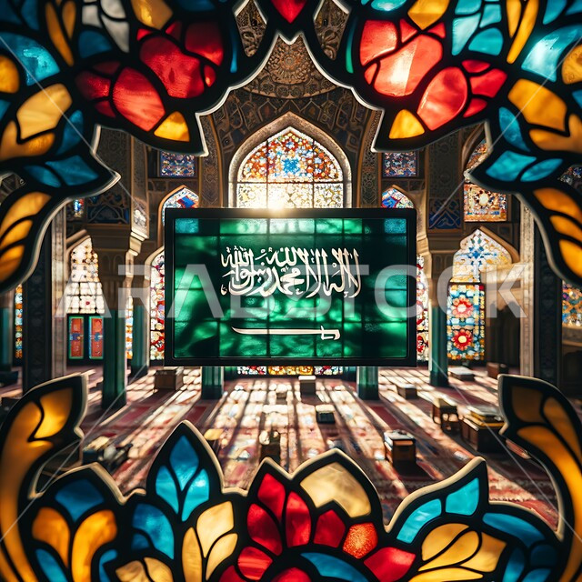 التصاميم الزخرفية والنقوش في المسجد, الفن الهندسي المعماري لبناء المساجد على الطراز الاسلامي التقليدي في السعودية, علم وراية التوحيد والاسلام على الزجاج الملون داخل الجامع, الفخر بالهوية الوطينة, نداء المسلمين لأداء الفرائض والعبادات, يوم العلم 11 مارس