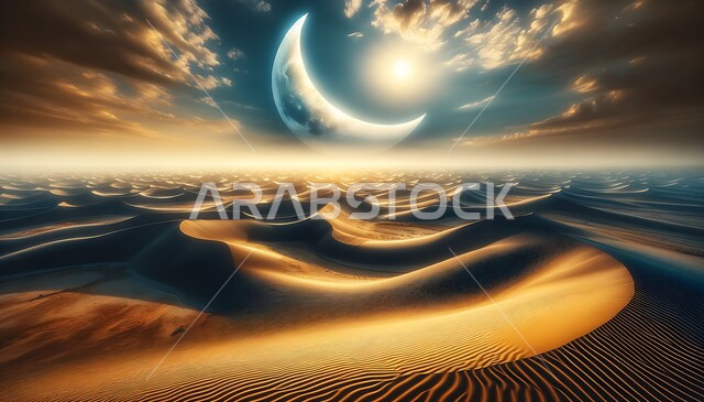 Sand formations and formations in the desert of the Kingdom of Saudi Arabia, the moon view over the terrain, highlands and mountain peaks in the prairies, desert regions and the desert natural environment, plateaus and hills of soft sand.