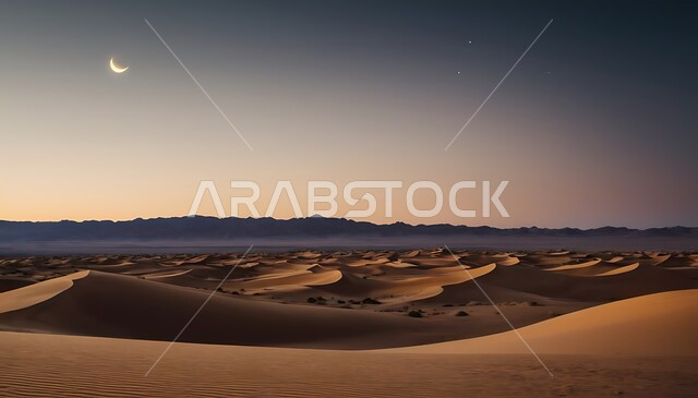 التكوينات والتشكيلات الرملية في صحراء المملكة العربية السعودية، منظر القمر فوق التضاريس و المرتفعات والقمم الجبلية في البراري، مناطق البادية والبيئة الطبيعية الصحراوية, الهضاب و التلال من الرمال الناعمة