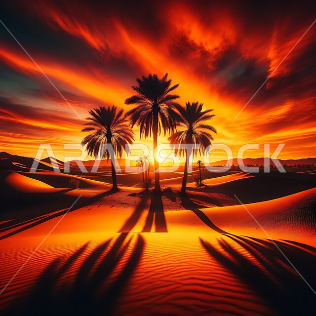 الهضاب والتلال والكثبان الرملية الناعمة في مناطق الصحراء, منظر السماء في الغروب, محميات طبيعية في المملكة العربية السعودية, محاصيل ومنتجات زراعية محلية, صورة ظلية لأشجار النخيل في الطبيعة الصحراوية,  سالوليت