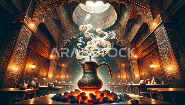 أصالة العادات والتقاليد للضيافة الخليجية, مشروبات تقليدية شعبية  في المملكة العربية السعودية، الاستمتاع بتناول المشروبات الساخنة, إبريق قهوة عربي تقليدي على نيران الحطب, اللهب الاحمر المشتعل