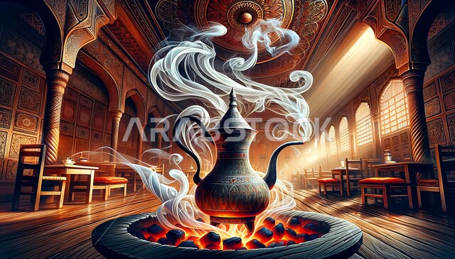 إبريق قهوة عربي تقليدي على نيران الحطب, اللهب الاحمر المشتعل, أصالة العادات والتقاليد للضيافة الخليجية, مشروبات تقليدية شعبية  في المملكة العربية السعودية، الاستمتاع بتناول المشروبات الساخنة