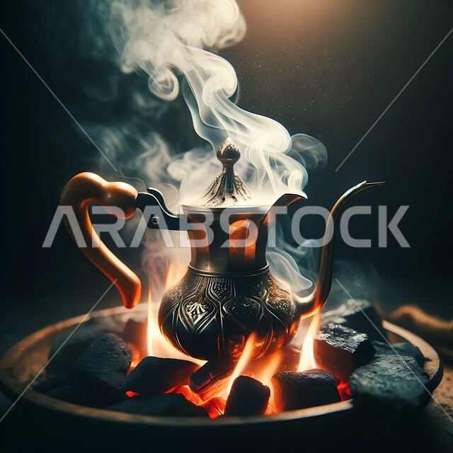 اللهب الاحمر المشتعل, أصالة العادات والتقاليد للضيافة الخليجية, مشروبات تقليدية شعبية  في المملكة العربية السعودية، الاستمتاع بتناول المشروبات الساخنة, إبريق قهوة عربي تقليدي على نيران الحطب
