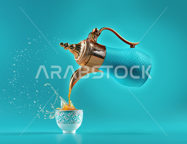 جودة المنتجات المحلية الوطنية, دله قهوة عربية, إكرام الضيف وحسن الاستقبال, إبريق نحاسي مع فنجان القهوة, العادات العربية القديمة في تقديم المشروبات الساخنة, خلفية زرقاء