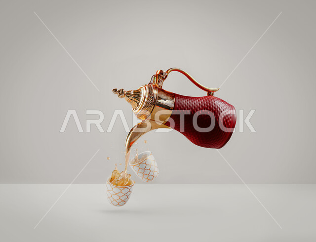 إكرام الضيف وحسن الاستقبال, إبريق أحمر مع فنجان القهوة, العادات العربية القديمة في تقديم المشروبات الساخنة, جودة المنتجات المحلية الوطنية, دله قهوة عربية, خلفية رمادية