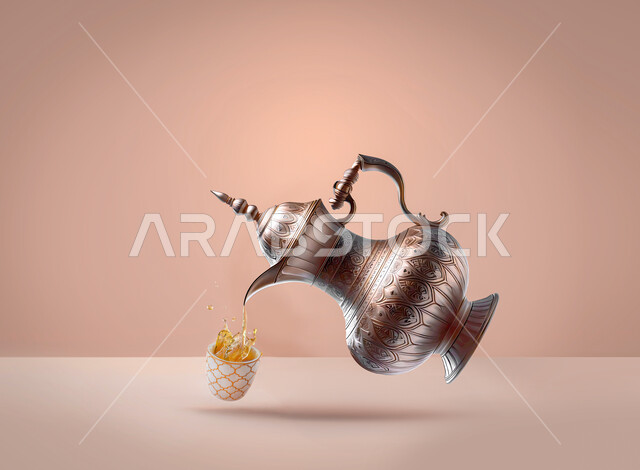 دله قهوة عربية, إكرام الضيف وحسن الاستقبال, إبريق نحاسي مع فنجان القهوة, العادات العربية القديمة في تقديم المشروبات الساخنة, جودة المنتجات المحلية الوطنية, خلفية بيج