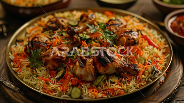 Popular traditional Arab feasts and dishes, a plate of biryani rice with chicken pieces decorated with parsley, Saudi cuisine recipes, restaurants for oriental Arab food and meals.
