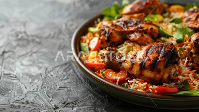 ولائم وأطباق عربية تقليدية شعبية، طبق من أرز البرياني مع قطع الدجاج المزين بالبقدونس، وصفات طعام المطبخ السعودي، مطاعم للمأكولات والوجبات العربية الشرقية