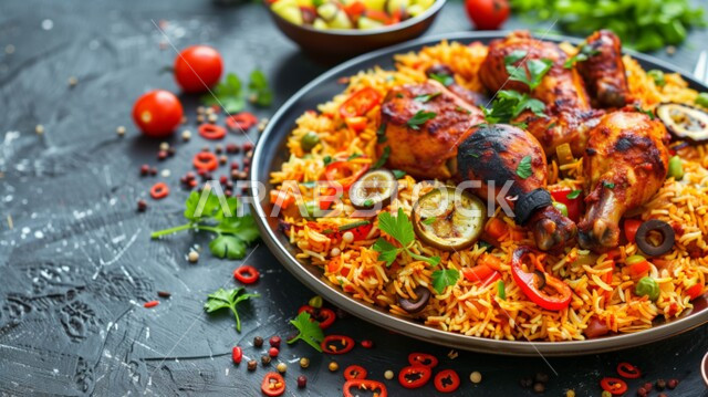 طبق من أرز البرياني مع قطع الدجاج المزين بالبقدونس، وصفات طعام المطبخ السعودي، مطاعم للمأكولات والوجبات العربية الشرقية, ولائم وأطباق عربية تقليدية شعبية