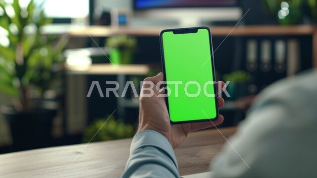 استخدام الأجهزة والتقنيات الحديثة, صورة مقربة من الحلف ليد رجل عربي خليجي سعودي يحمل بيده هاتف محمول بشاشة خضراء فارغة, ادارة وانجاز المهام عبر الاونلاين, التواصل مع الأهل والأقارب عبر تطبيقات الجوال, كروما