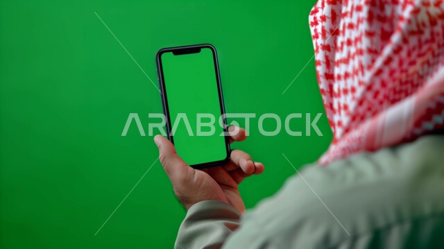 انجاز المهام عبر الاونلاين, التواصل مع الأهل والأقارب عبر تطبيقات الجوال, استخدام الأجهزة والتقنيات الحديثة, بورتريه مقرب من الحلف لرجل عربي خليجي سعودي يرتدي الشماغ والثوب التقليدي يحمل بيده هاتف محمول بشاشة خضراء فارغة, كروما, خلفية خضراء