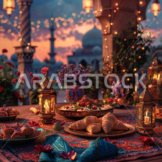 أجواء شهر رمضان المبارك الروحانية، الاستعداد للإفطار على إطلالة المسجد، صورة مقربة لمائدة الرمضانية المليئة بالأصناف والمقبلات الشهية، الزينة والفوانيس المعدنية المضيئة والمزخرفة