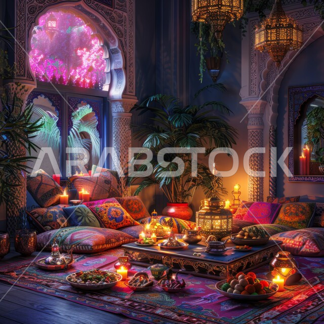 المنازل العربية المزينة بالزخارف الاسلامية، الفوانيس المعدنية المضيئة والمزخرفة، أجواء شهر رمضان المبارك الروحانية، المائدة الرمضانية المليئة بالأصناف والمقبلات الشهية، أعياد ومناسبات دينية