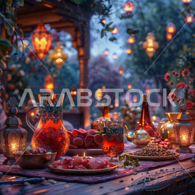 الزينة والفوانيس المعدنية المضيئة والمزخرفة، أجواء شهر رمضان المبارك الروحانية، صورة مقربة لمائدة الرمضانية المليئة بالأصناف والمقبلات الشهية والعصائر، أعياد ومناسبات دينية