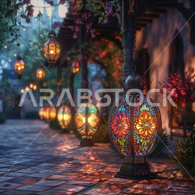 الإحتفال بقدوم شهر رمضان المبارك، صورة مقربة لفوانيس معدنية مضيئة على الأرض، الديكورات والأنوار في الأجواء الرمضانية الروحانية، الفن الإسلامي للتحف والاكسسوارات والزينة، المناسبات الدينية والأعياد الإسلامية