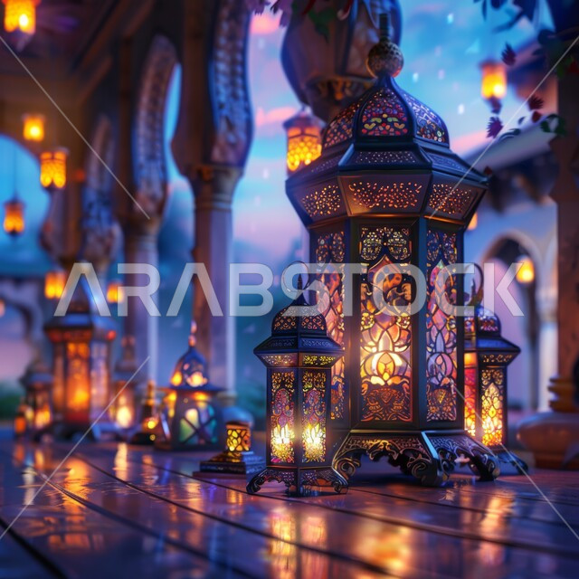 الديكورات والأنوار في الأجواء الرمضانية الروحانية، الإحتفال بقدوم شهر رمضان المبارك، صورة مقربة لفوانيس معدنية مضيئة على الأرض، الفن الإسلامي للتحف والاكسسوارات والزينة، المناسبات الدينية والأعياد الإسلامية