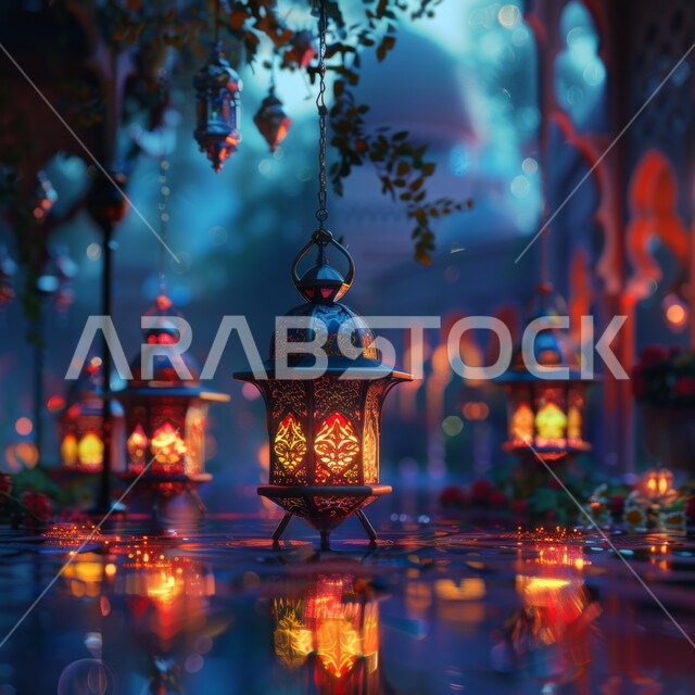 الاستعداد لقدوم شهر رمضان المبارك، المناسبات الدينية والأعياد الإسلامية، صورة مقربة لفوانيس معدنية مضيئة على الأرض، الفن الإسلامي للتحف والاكسسوارات والزينة، الديكورات والأنوار في الأجواء الرمضانية الروحانية