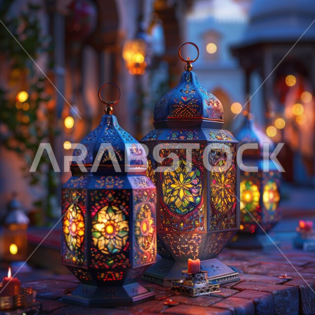 المناسبات الدينية والأعياد الإسلامية، الإحتفال بقدوم شهر رمضان المبارك، صورة مقربة لفوانيس معدنية مضيئة على الأرض، الفن الإسلامي للتحف والاكسسوارات والزينة، الديكورات والأنوار في الأجواء الرمضانية الروحانية