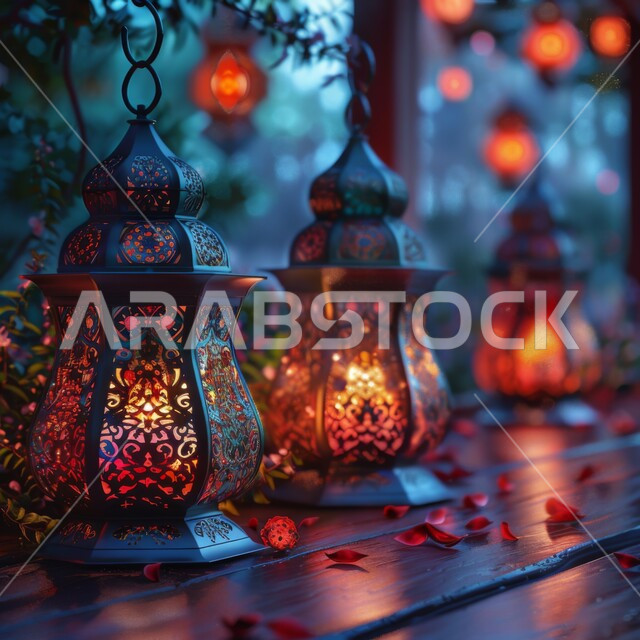 الفن الإسلامي للتحف والاكسسوارات والزينة، الديكورات والأنوار في الأجواء الرمضانية الروحانية، الإحتفال بقدوم شهر رمضان المبارك، صورة مقربة لفوانيس معدنية مضيئة على الأرض، المناسبات الدينية والأعياد الإسلامية