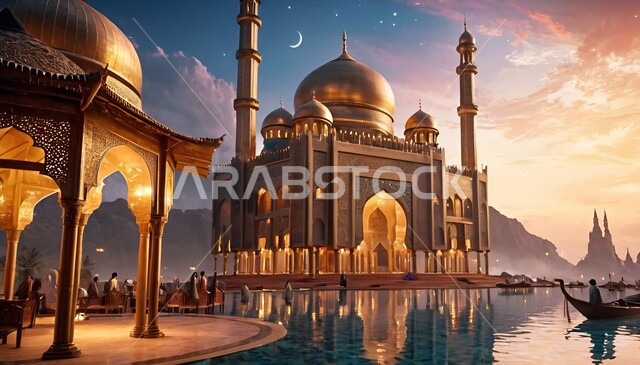 Saudi architectural development and progress in the future, engineering art in the modern and advanced style of building mosques in the Kingdom of Saudi Arabia, the reflection of the mosque’s model on the surface of the water, the call to Muslims to perform acts of worship and obligations, Islamic matters and worship