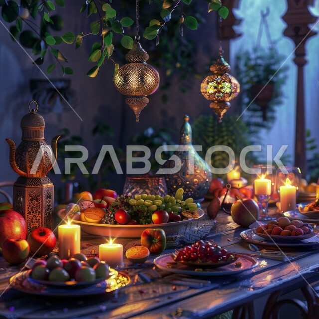 الإستعداد لإستقبال شهر الخير والبركة، الفوانيس المعدنية العربية المزخرفة والديكورات الرمضانية المضاءة، الإحتفال بالأعياد والمناسبات الإسلامية، صورة مقربة لمائدة رمضان المبارك المليئة بأنواع الفاكهة المغذية