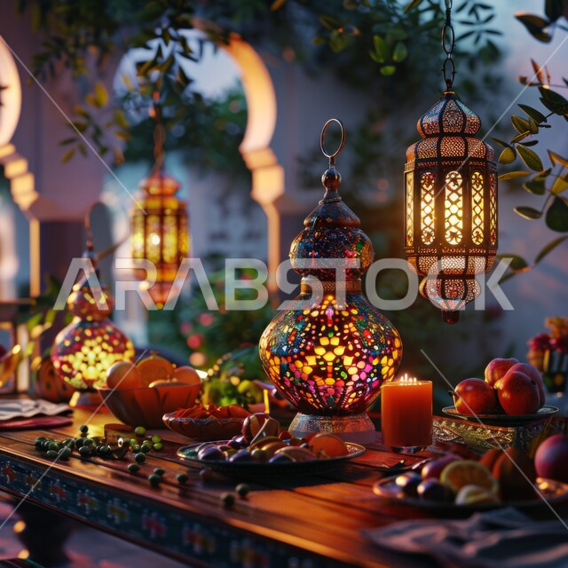 الفوانيس المعدنية العربية المزخرفة والديكورات الرمضانية المضاءة، الإستعداد لإستقبال شهر الخير والبركة، الإحتفال بالأعياد والمناسبات الإسلامية، صورة مقربة لمائدة رمضان المبارك المليئة بأنواع الفاكهة المغذية والعصائر الطبيعية