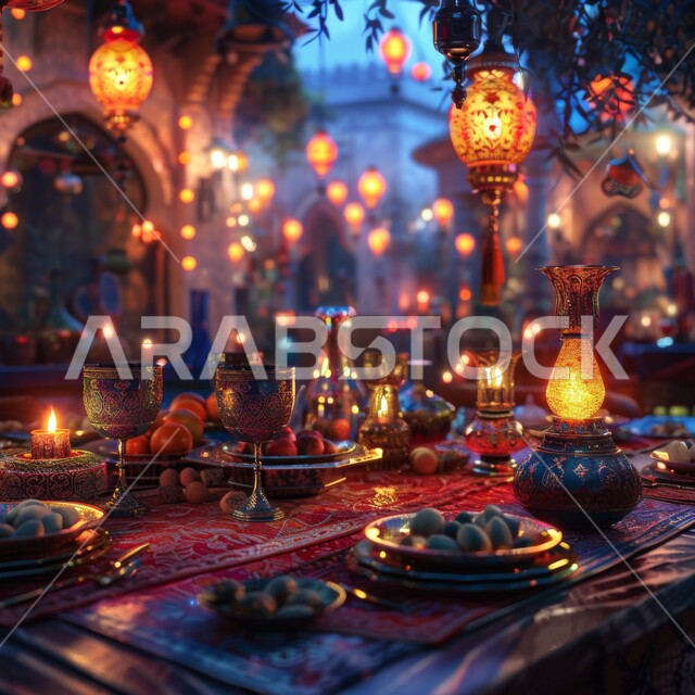 الإحتفال بالأعياد والمناسبات الإسلامية، الفوانيس المعدنية العربية المزخرفة والديكورات الرمضانية المضاءة، الإستعداد لإستقبال شهر الخير والبركة، صورة مقربة لمائدة رمضان المبارك المليئة بأنواع الفاكهة المغذية والعصائر الطبيعية