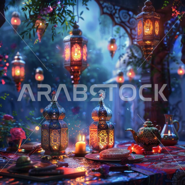 الأجواء الروحانية بالأعياد والمناسبات الإسلامية، الإستعداد لإستقبال شهر الخير والبركة، الفوانيس المعدنية العربية المزخرفة والديكورات الرمضانية المضاءة، صورة مقربة لسفرة رمضان المبارك 