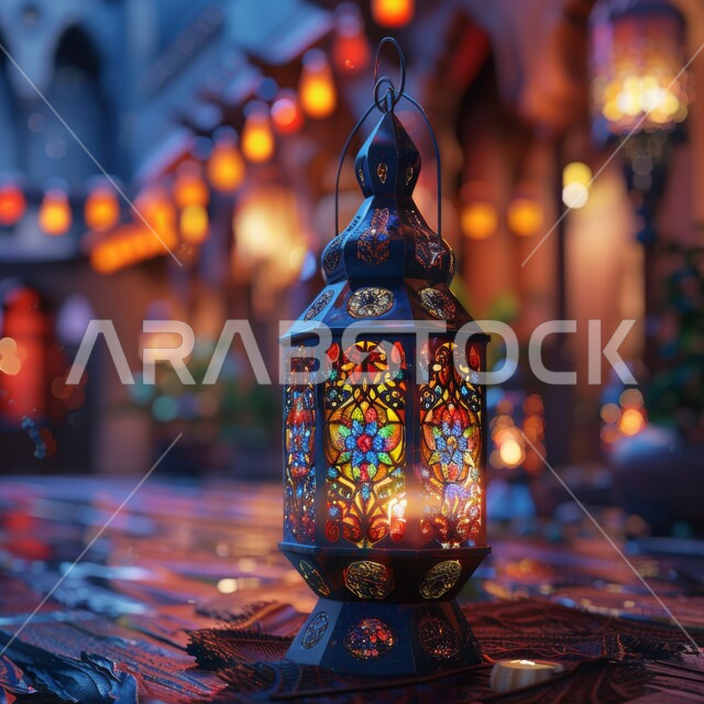 الفن الإسلامي للتحف والديكورات والاكسسوارات الرمضانية، الاحتفال بقدوم شهر رمضان الفضيل، صورة مقربة للفانوس المعدني الملون المضيء على طاولة خشبية، الأعياد والمناسبات الدينية