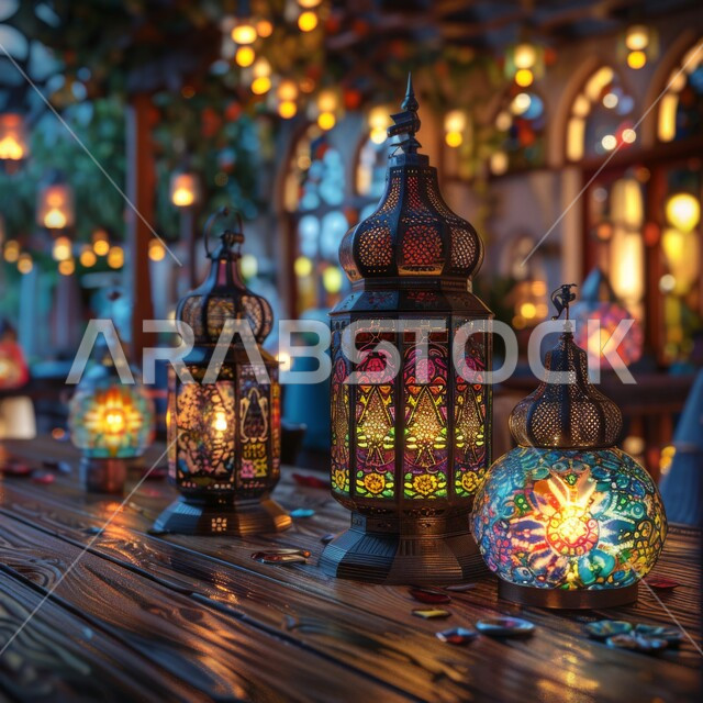 الأعياد والمناسبات الدينية ، الاحتفال بقدوم شهر رمضان الفضيل، صورة مقربة للفوانيس المعدنية المضاءة على طاولة خشبية، الفن الإسلامي للتحف والديكورات والاكسسوارات الرمضانية