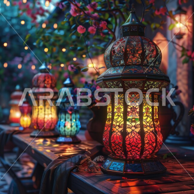 الاحتفال بقدوم شهر رمضان الفضيل، صورة مقربة للفوانيس المعدنية المضاءة على طاولة خشبية، الفن الإسلامي للتحف والديكورات والاكسسوارات الرمضانية، الأعياد والمناسبات الدينية